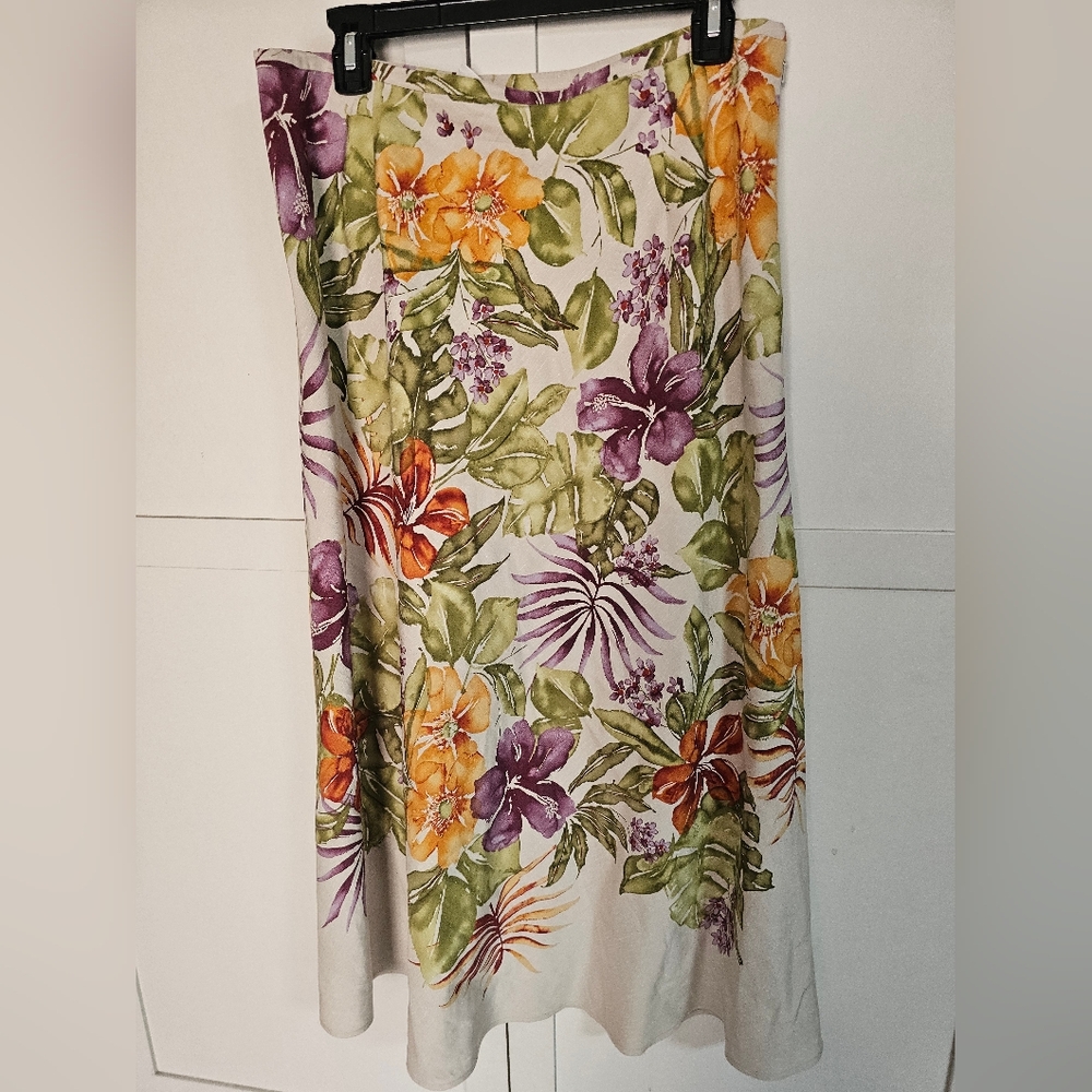 Talbots Women's Size 12 Silk & Linen Floral Midi Skirt A-Line Excellent Unworn